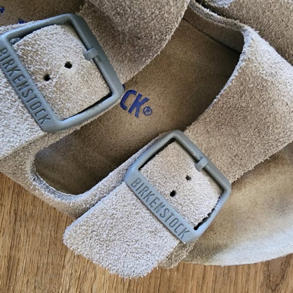 Birkenstock Arizona Sandals, Grey Suede Cork Sandals - Picture 8 of 10